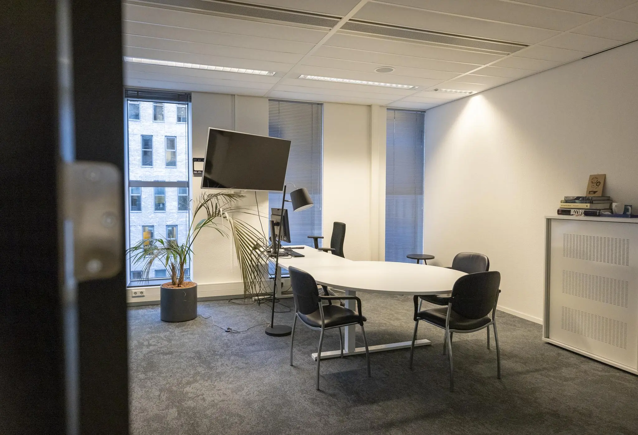 Moderne vergaderruimte aan de Prinses Beatrixlaan met ovale tafel, stoelen, groot beeldscherm en kamerplanten.